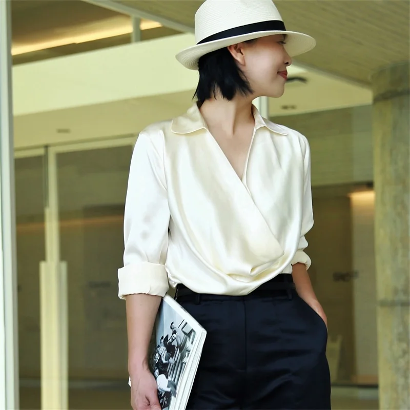 

FANNIU Faionable Silk Satin Long Sve Design irt Women's Pure Color Lapel Heavyweight Sensation Breathable Summer irt