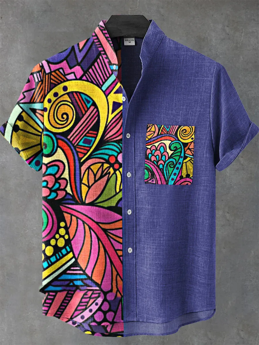 New ethnic-style shirt pattern casual design men's linen printed short-sleeved shirt button fashionable top - Image 5