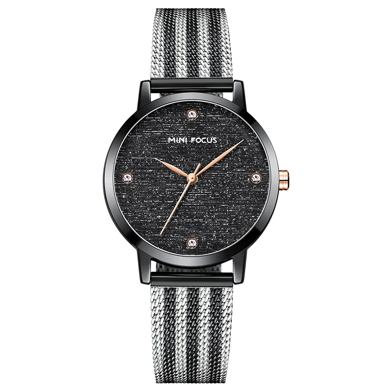 Mini Focus MF0329L Elegant Women Quartz Watch Mesh Stainless Steel Band Waterproof With Crystal Scale Design Wristwatch