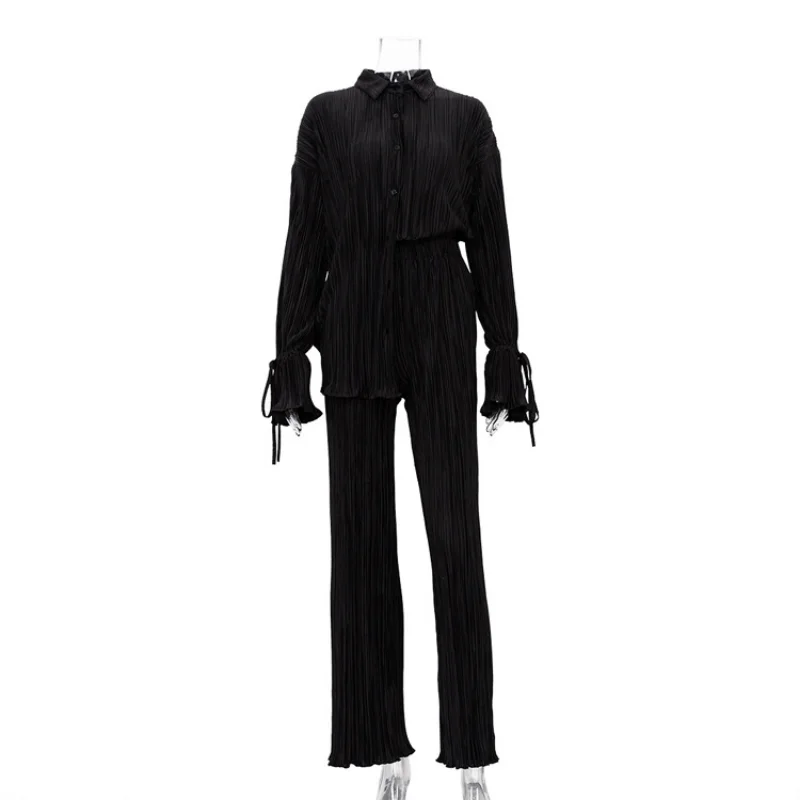 Spring Autumn Bell-sleeved Shirts Wide-leg Pants Two-piece Pleated Casual Suit Women's Fashion Chic and Comfortable Suit Ladies