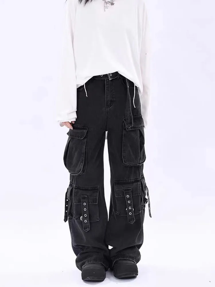 Y2k Harajuku Baggy Black Cargo Jeans Women Vintage Korean  High Waist  Wide Leg Pants Street Hip Hop Denim Straight Leg Trousers