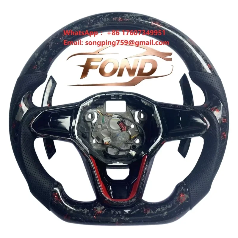 Custom Red Forged Carbon Fiber Steering Wheel for VW Golf MK8, MK5, MK6, MK7, Passat, CC, GTI, Bora, and Sagitar