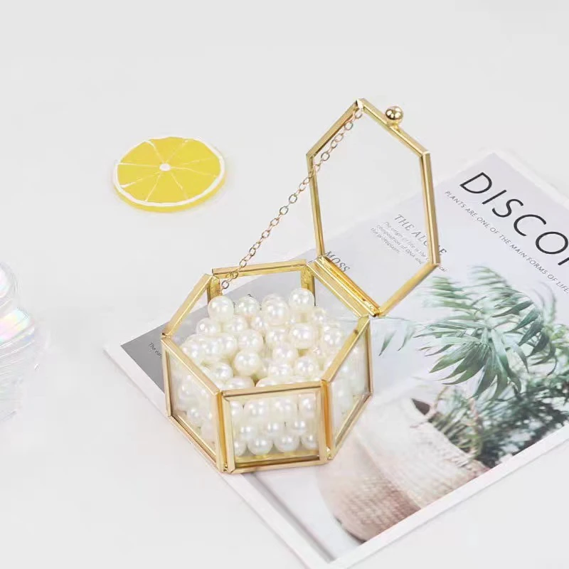 

Luxury Hexagonal Ring Jewelry Box Vintage Golden Glass Style Premium Gold‑Trimmed Accessory Container Elegant Jewelry Storage Ca
