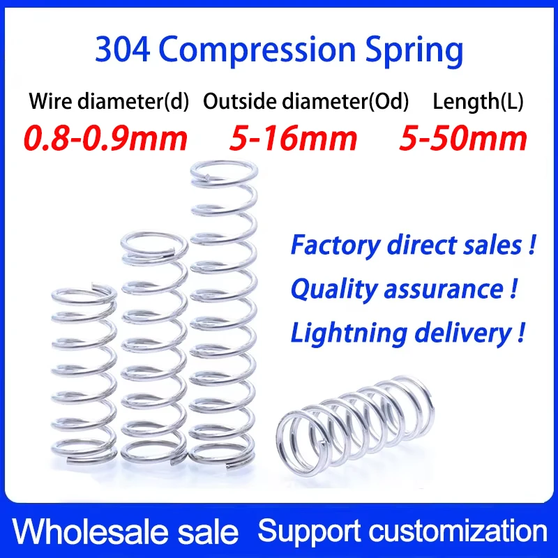 10 Stuks Draad Diameter 0.8mm 0.9mm 304 Roestvrij Staal Micro Kleine Drukveer OD 5mm6mm7mm8mm9mm10mm11mm to16mm L: 5-50mm
