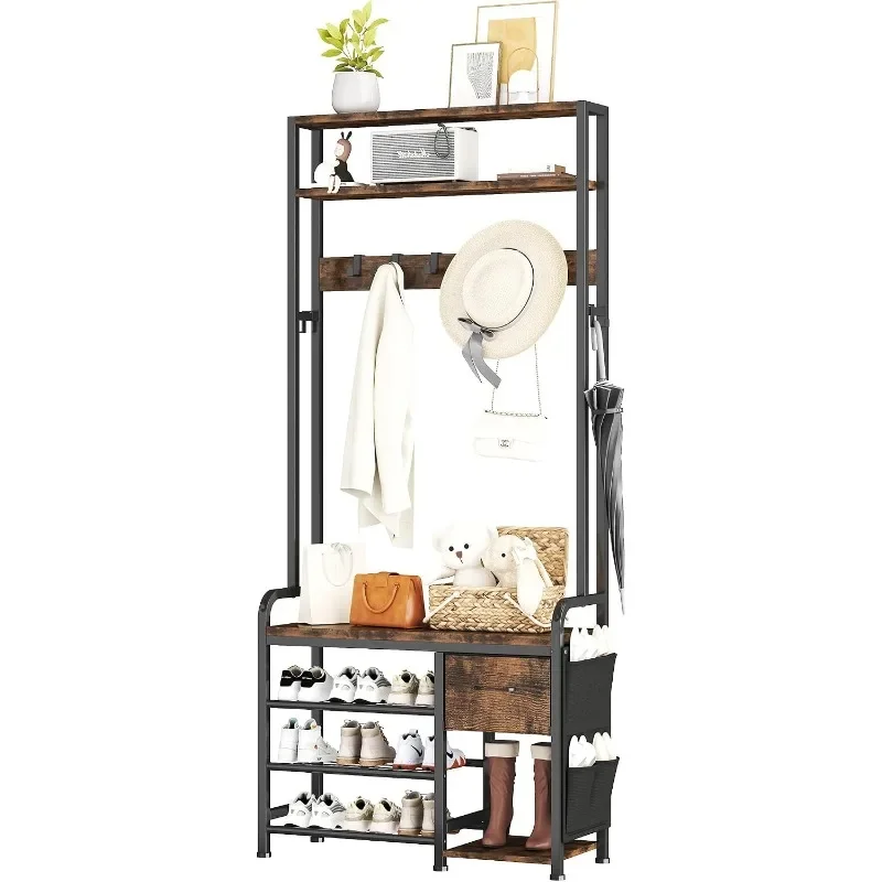 Hall Tree with Bench and Shoe Storage, 3-in-1 Entryway Organizer with 6+2 Hooks, Coat Rack with Adjustable Feet for Stability, M