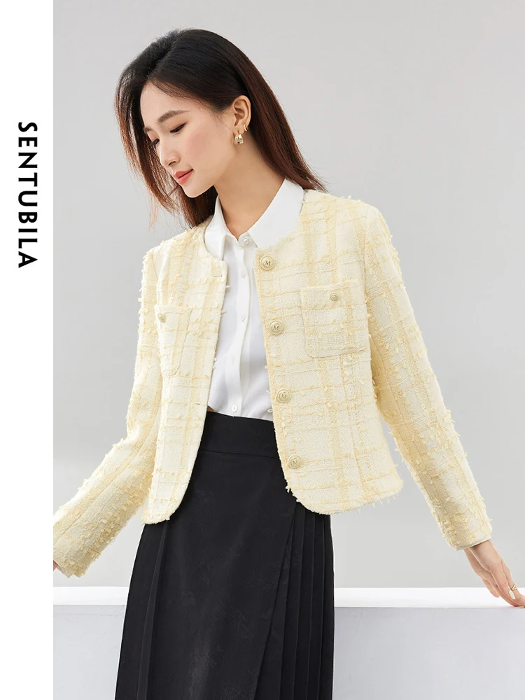 SENTUBILA Plaid Tweed Crop Jacket Women 2024 Round Neck Single Breasted Elegant Straight Short Coat for Woman Clothing 141W52956