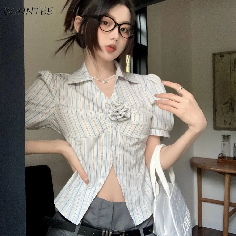 Slim Shirts Women Floral Design Striped Short Sleeve Bodycon Tops Korean Fashion Spicy Girls Hot Sweet Streetwear Y2k 3XL Chic