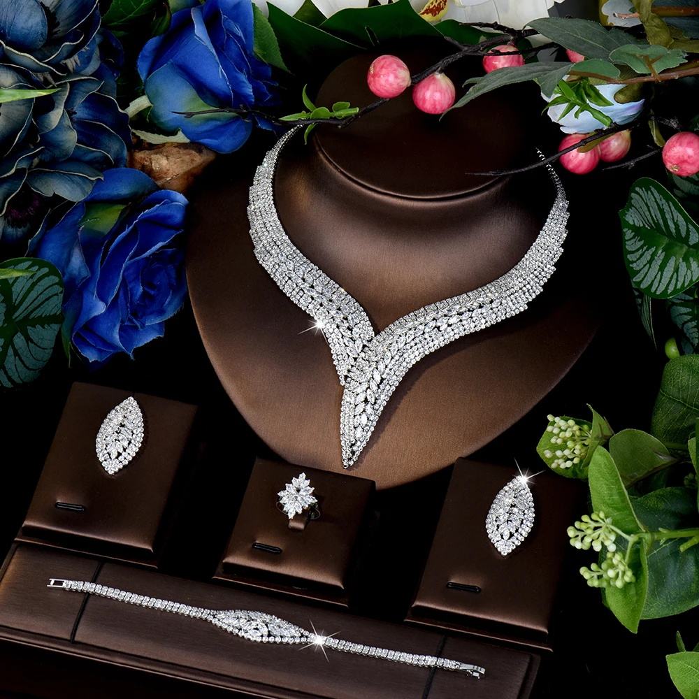 

HIBRIDE Premium Stereo Necklace Earrings Bracelet 4 Piece Women's Dress Jewelry Set Suitable for Wedding Prom Host Gift S-984