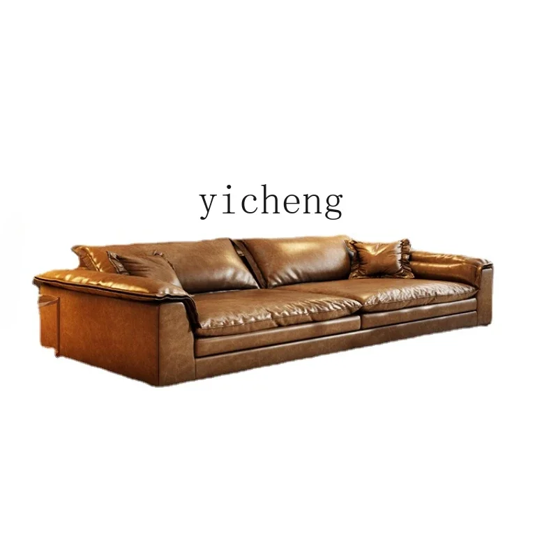 TQH Vintage Oil Wax Genuine Cow Leather Sofa Mid-Ancient Style Living Room Simple Large Sitting Deep Straight Row Sofa