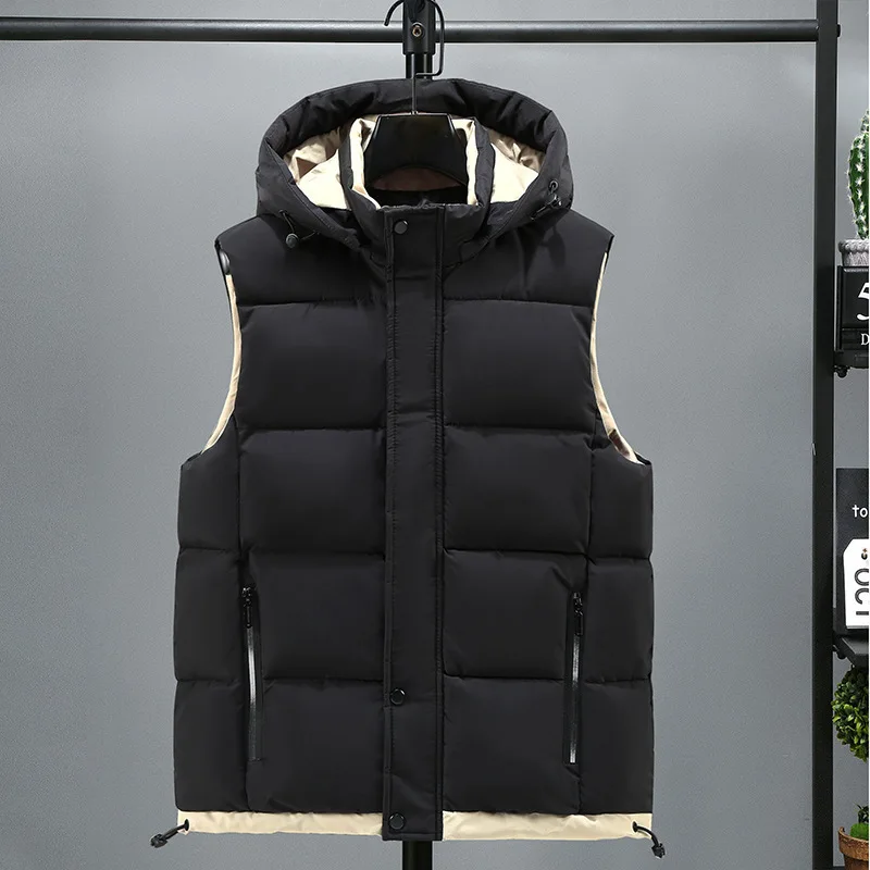 #3640 Black Blue Khaki Sleeveless Jacket Men Hat Detachable Warm Thick Outerwear Hooded Vest Zipper Outerwear Down Vest Winter 