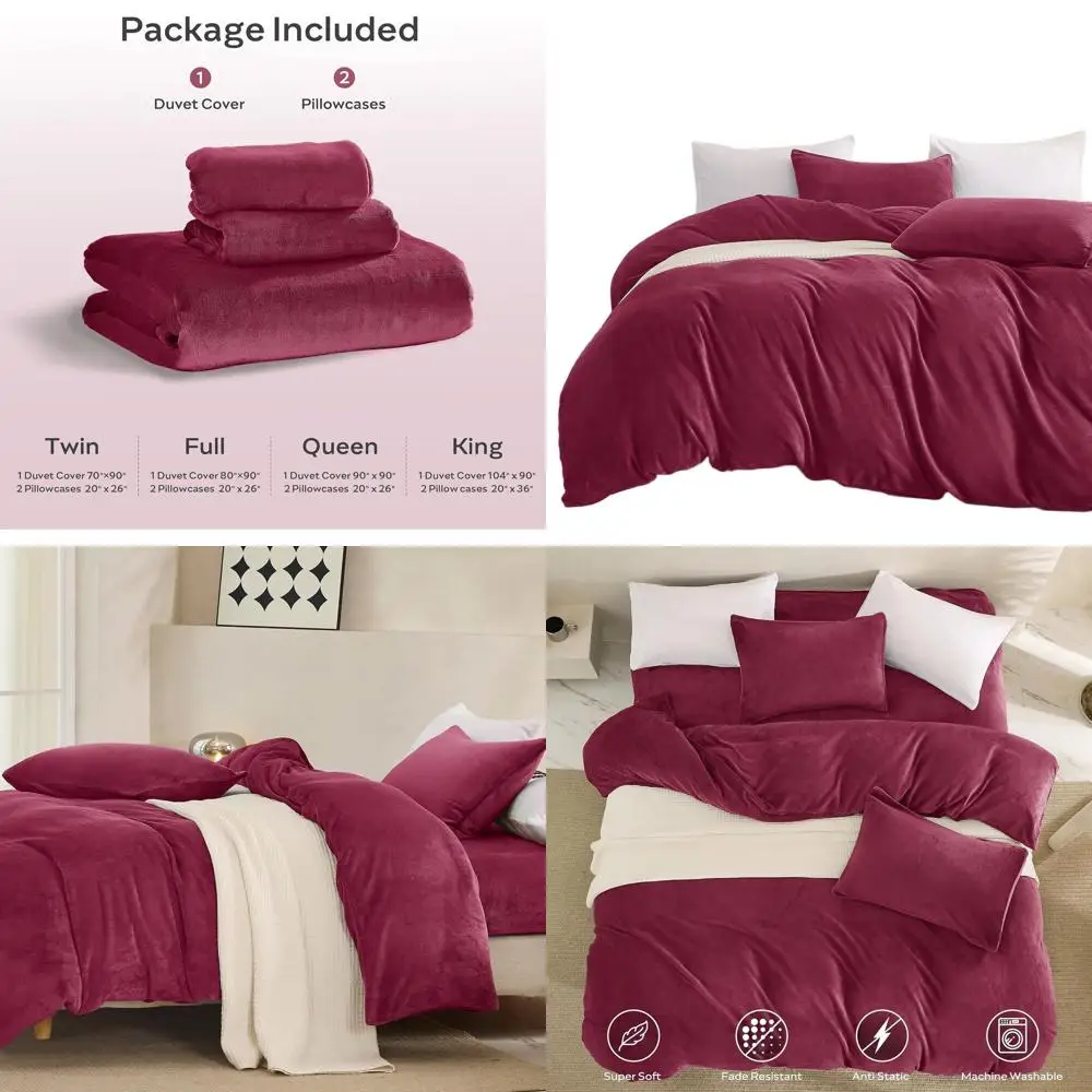 Juego de funda nórdica King de terciopelo burdeos de lujo, ropa de cama de felpa de 3 piezas con cremallera y lazos de esquina