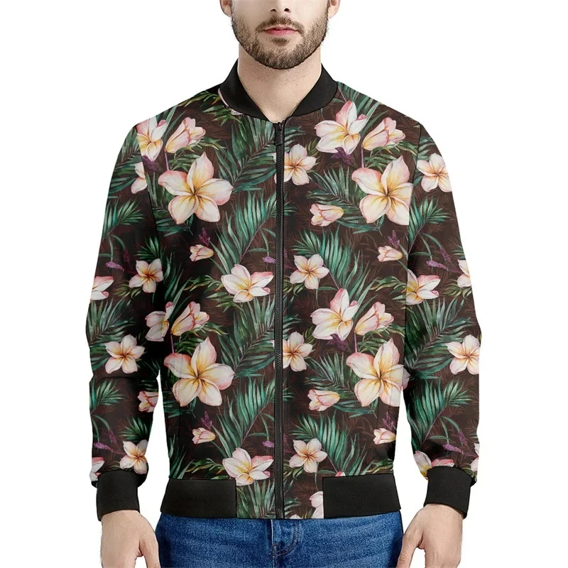 

Colorful Frangipani Pattern Zipper Jacket For Men Women 3d Printed Floral Zip Up Coat Jackets Long Sleeve Baseball Sweatshirt