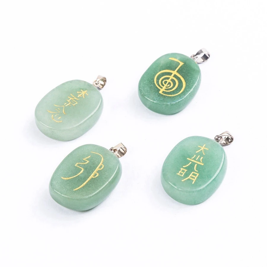 Natural Green Aventurine Reiki Amulet Pendulum Healing Master Prop Chakra Four Element Symbol Energy Stone Pendant Necklace