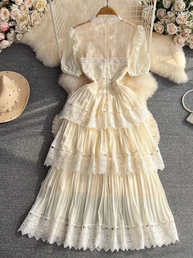 MYSIMLOCHIC Summer Elegant Lace Pleated Chiffon Cake Dress Women's Short Puff Sleeve High Waist Evening Party Long Vestido Beige