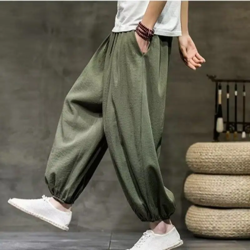 Linen Bloomers Trousers 2024 New Summer Men's Solid Color Elastic Mid Waist Drawstring High Street Loose Comfortable Pants