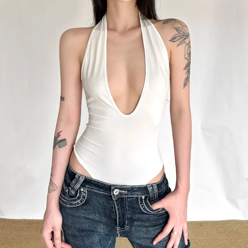 

Women Solid Deep V Halter Bodysuit Slim Fit Fashion Sleeveless Jumpsuit