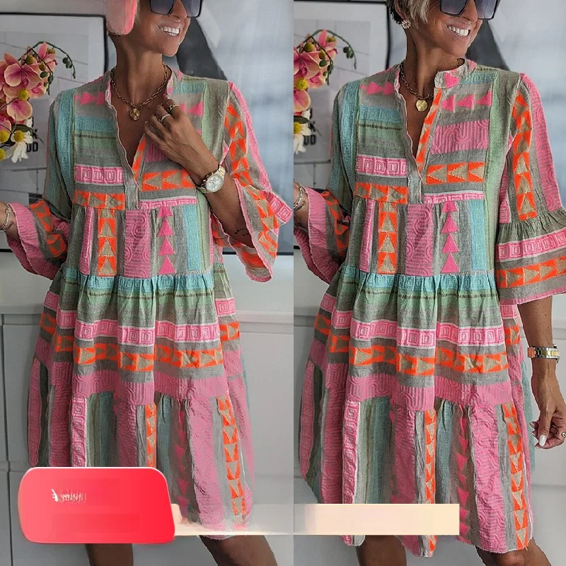 秋の新作 レディース ドクタープリント Vネック 七分袖 ドクタープリント コットンリネン素材 ベルスリーブ ヨーロピアンスタイル