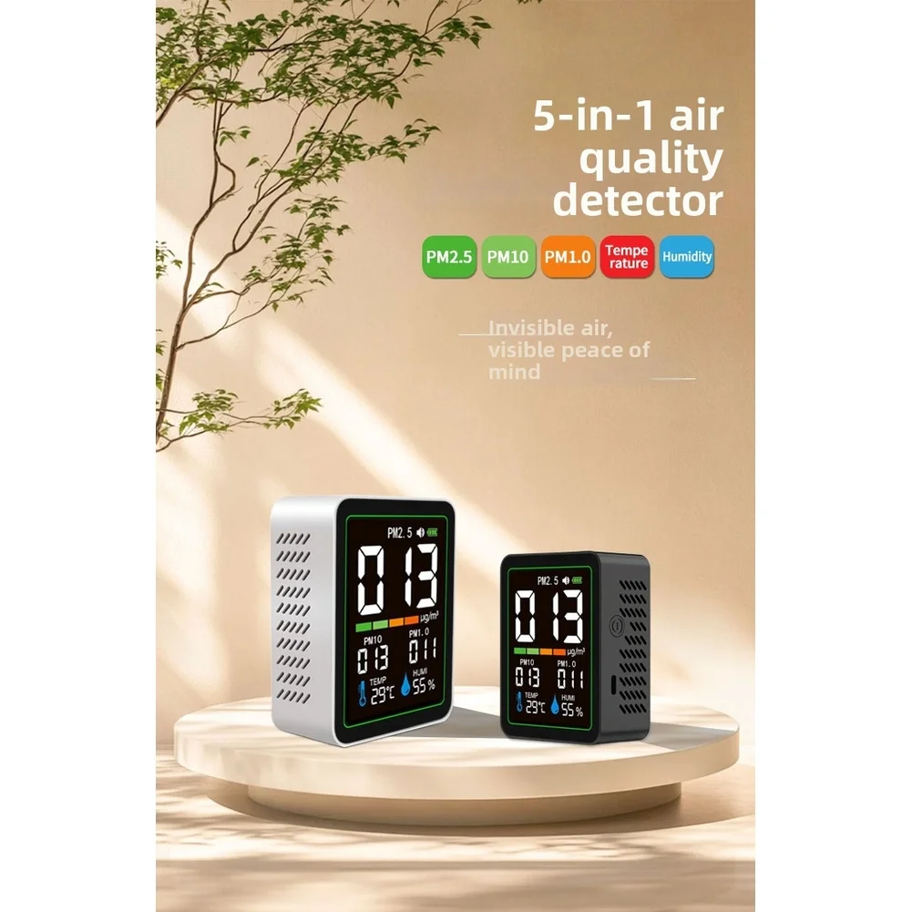 5-in-1 Air Quality Monitor With Timely Alerts. Monitors PM2.5, PM10, PM1.0, Temperature, And Humidity. Type-C Charging.