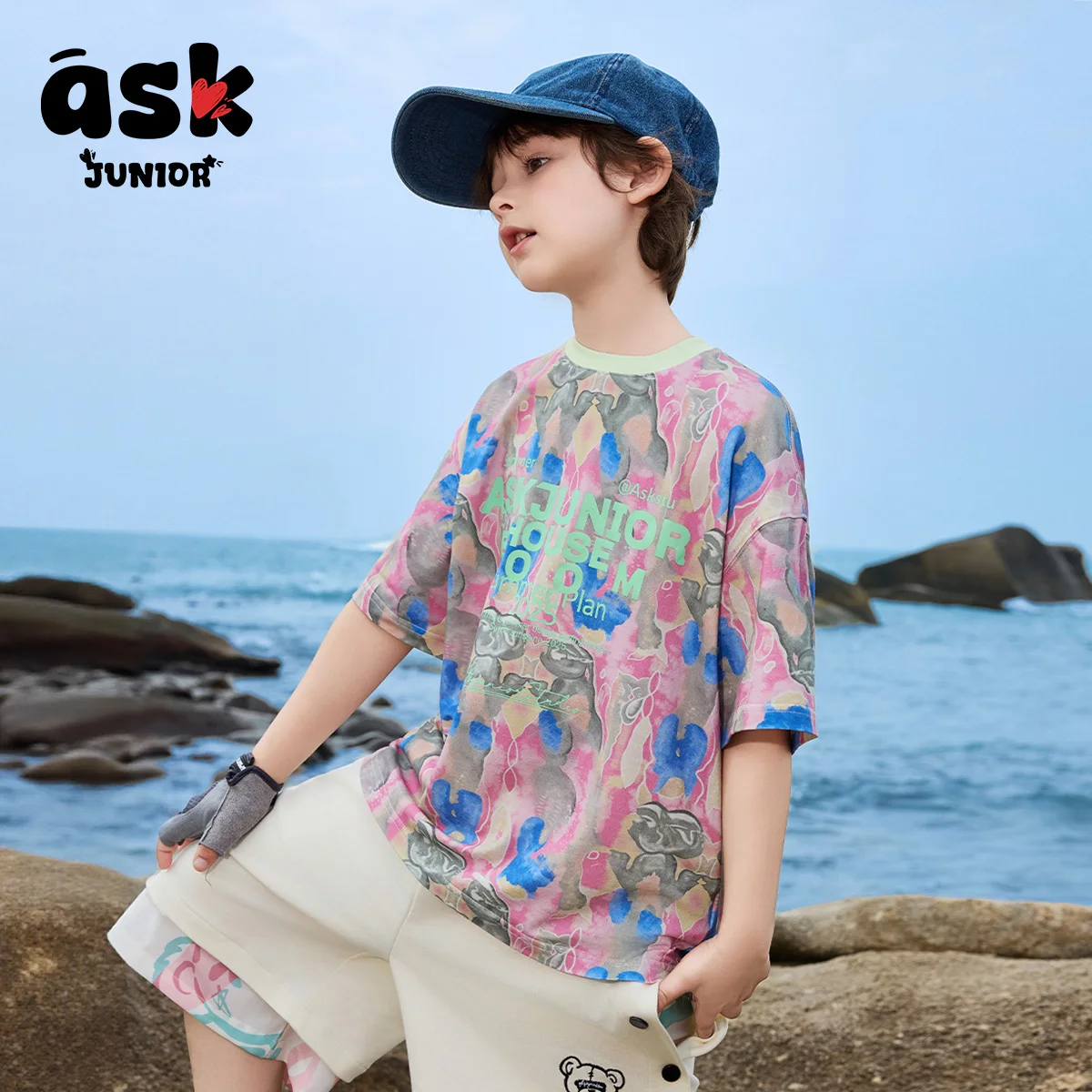 تي شيرت صيفي للأطفال بأكمام قصيرة للأولاد والأولاد الأكبر سنًا بألوان متباينة وطباعة حروف بأكمام قصيرة #2