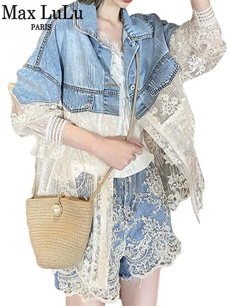 

Max LuLu 2022 Korean Summer Fashion Sexy Womens Lace Spliced Denim Jackets Ladies Vintage Loose Zippers Coats Casual Clothes