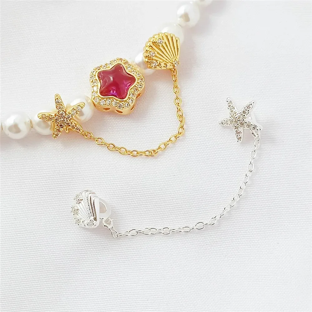 

18K Gold-plated Zirconium Starfish Scallop Safety Chain Pendant Diy Handmade Extended Chain Necklace Loose Bead Accessories