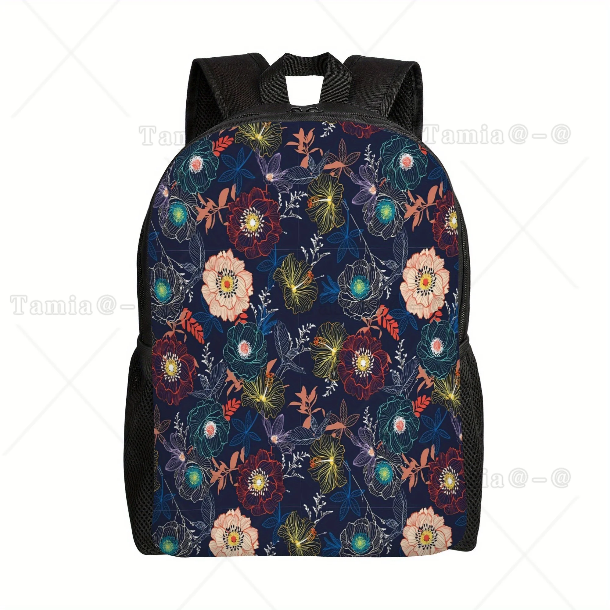 Elegant Dark Background Floral Print Backpack  Ladies Gentle Casual School Bag