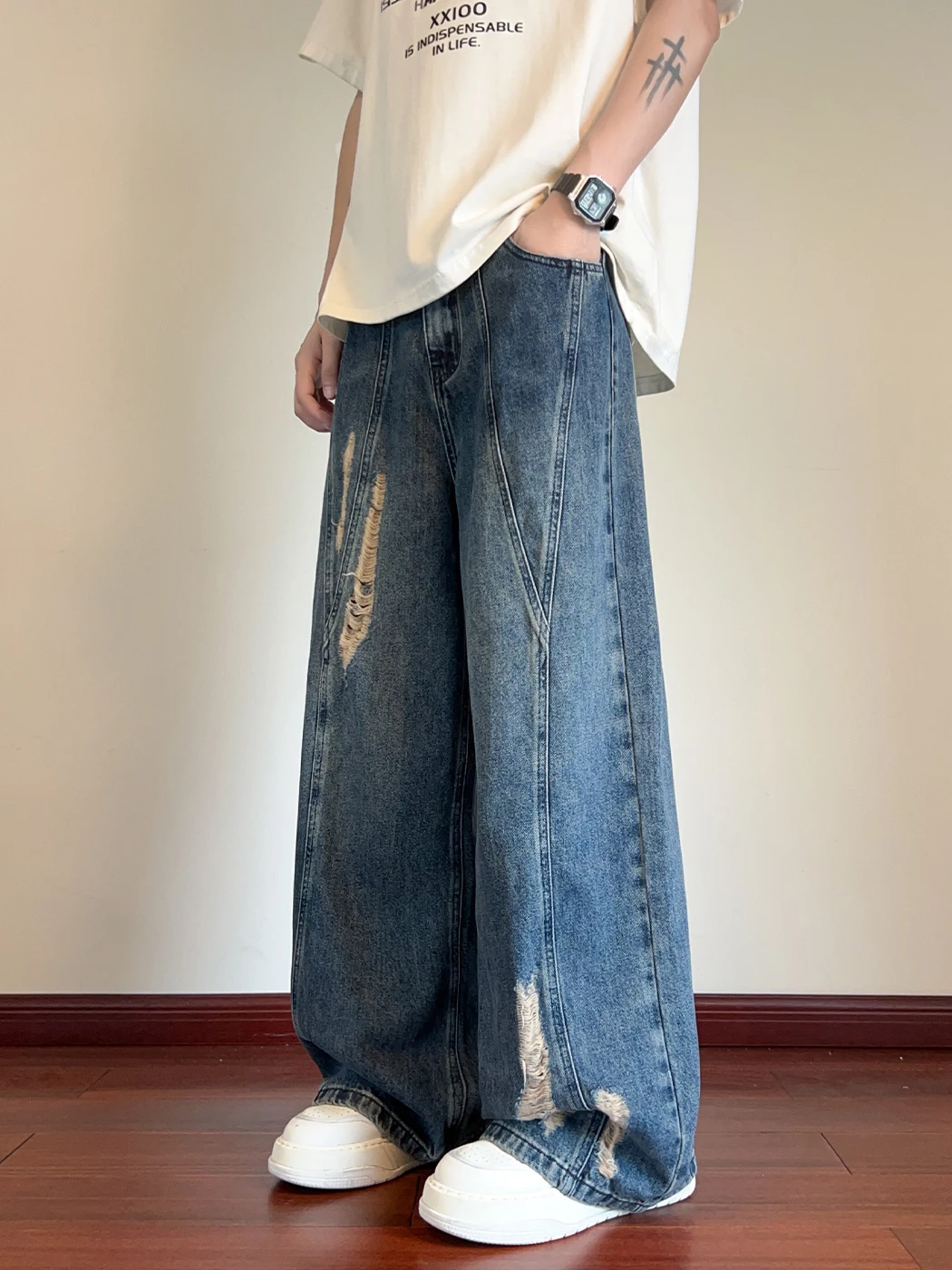 

Waed Denim Jeans Men's Casual Hole Design Loose Long Pants Autumn American Sle Destruction Sense Hip And Haome