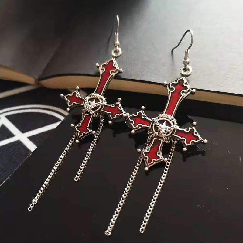 Bloody Skull Rose Inverted Cross Pendant Earrings Vintage Gothic Cross Pendant Earrings Devil Lucifer Satan Satanic Jewelry