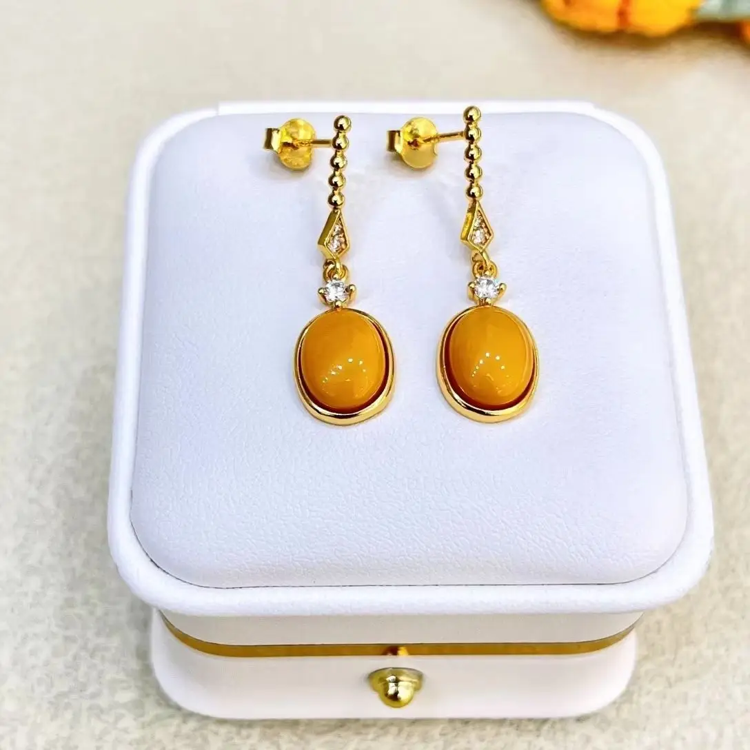 Certificated Niche 925 Silver Natural Antique Yellow Oval Amber Drop Dangle Tassel Earrings Women Jewelry for Party Wife's Gift