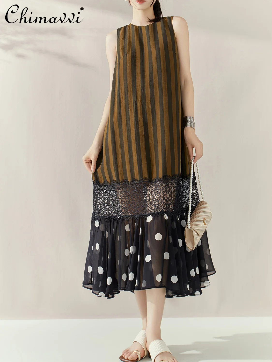 الفرنسية أنيقة الرجعية عارضة عطلة الصيف فساتين جولة الرقبة أكمام مخطط نقطة الدانتيل الربط مزاجه فستان طويل المرأة