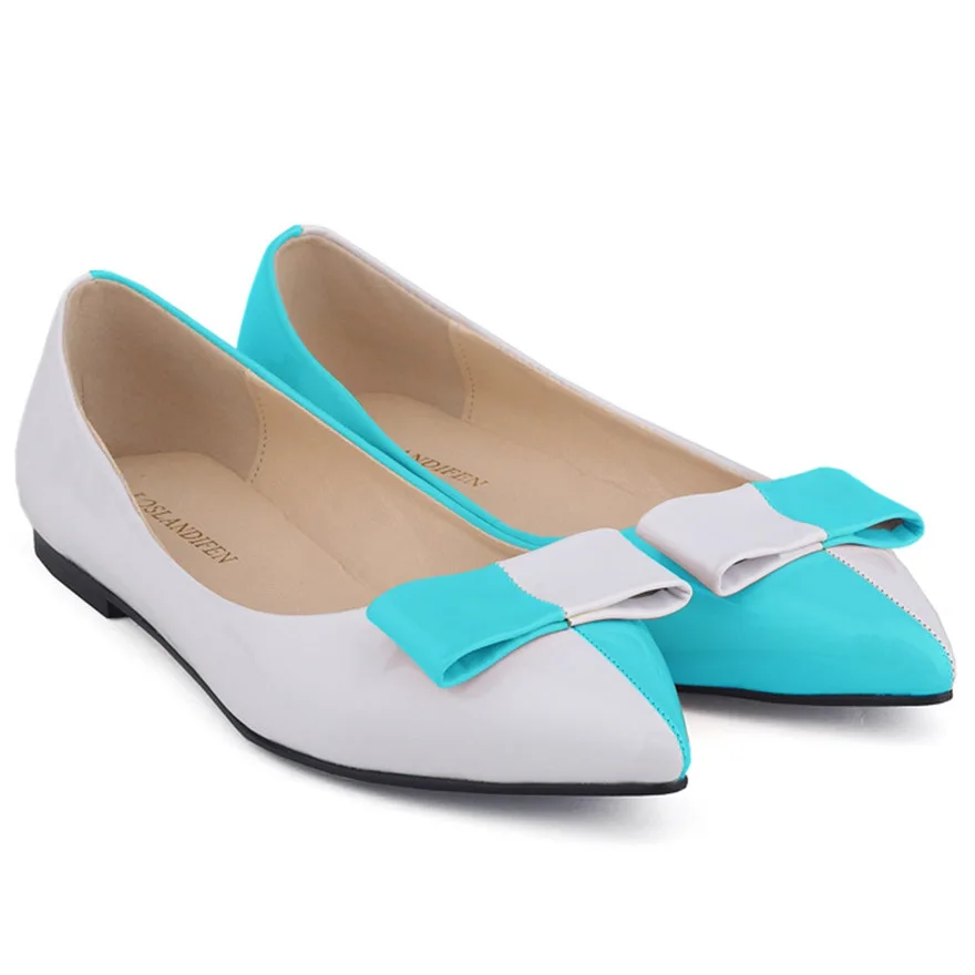Casual Shoes Women Spell Colors Patent Leather Autumn Single Shoes Pointy Toe Sweet Bowknot Work Comfort Slip on Flat Shoe Woman