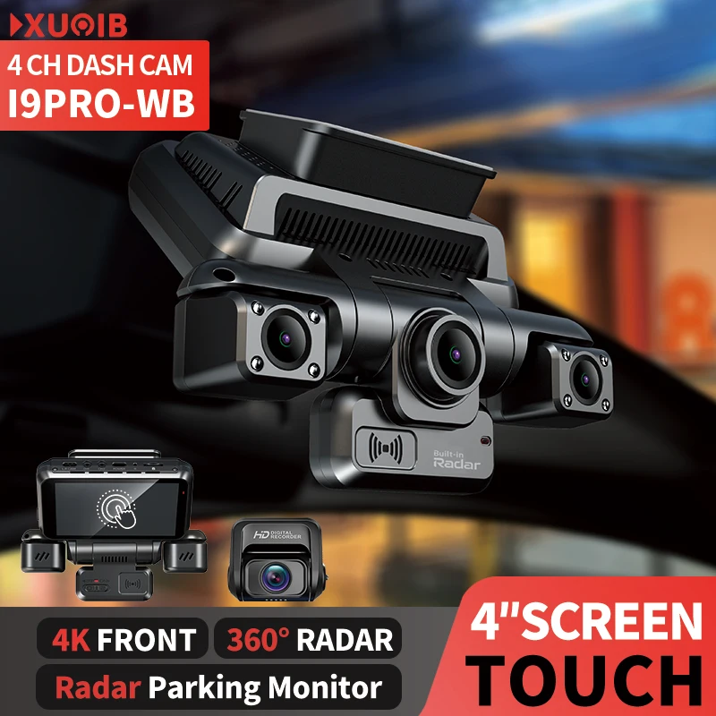 XUOIB i9pro-WB 4CH 360° Cámara de salpicadero 4K con cámara de coche de pantalla táctil de 4 '' Modo de aparcamiento 24 horas WiFi GPS dash cam automóvil 8 Visión nocturna IR