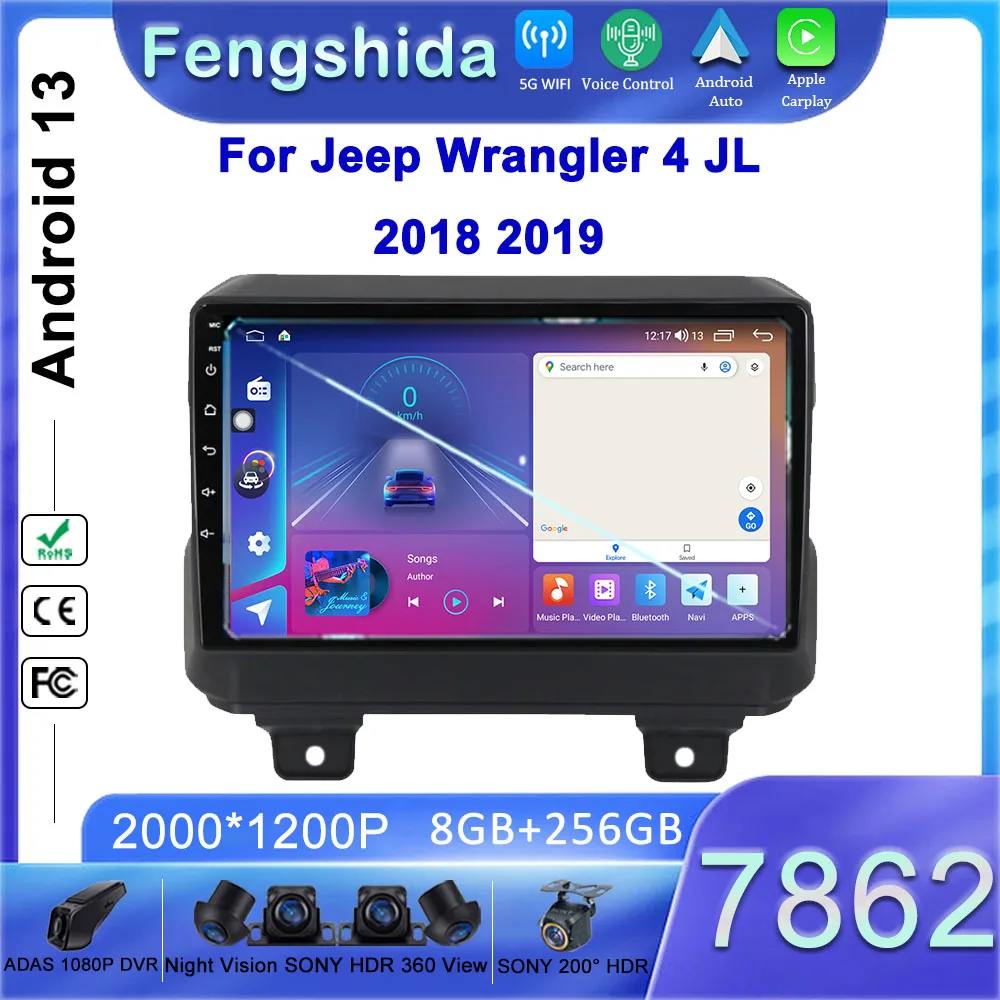 

Android 13 для Jeep Wrangler 4 JL 2018 2019 7862 Процессор Автомобильный DVD-радио Стерео головное устройство GPS-навигация Мультимедийный плеер без 2din BT