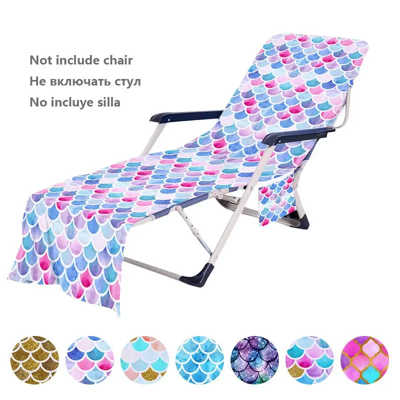 Mermaid Colorful Print Beach Chair Cover With Storage Pocket Swimming Pool Sun Lounger Case Microfiber Beach Chair Towel