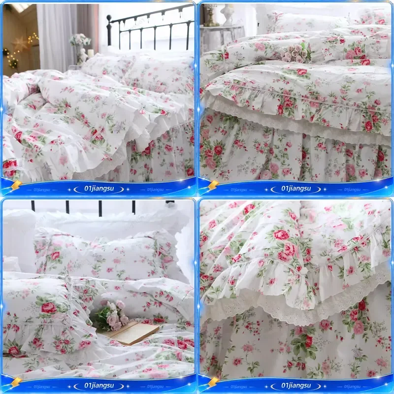 Luxury Egyptian Cotton Bedding Set Flowers Print Princess Lace Duvet Cover Bed Skirt Pillowcases American Pastoral Style Home