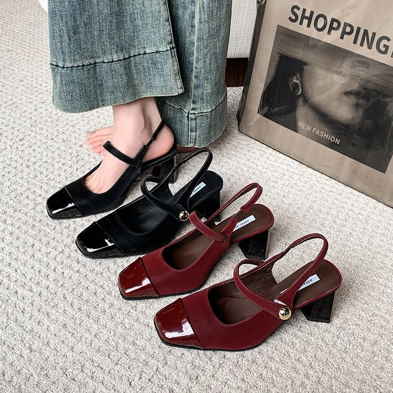 

Summer Genuine Leather Toe Block Heel Mary Jane Shoes Women's High Heels Fashion Women's Shoes Comfortable and Elegant Sandals