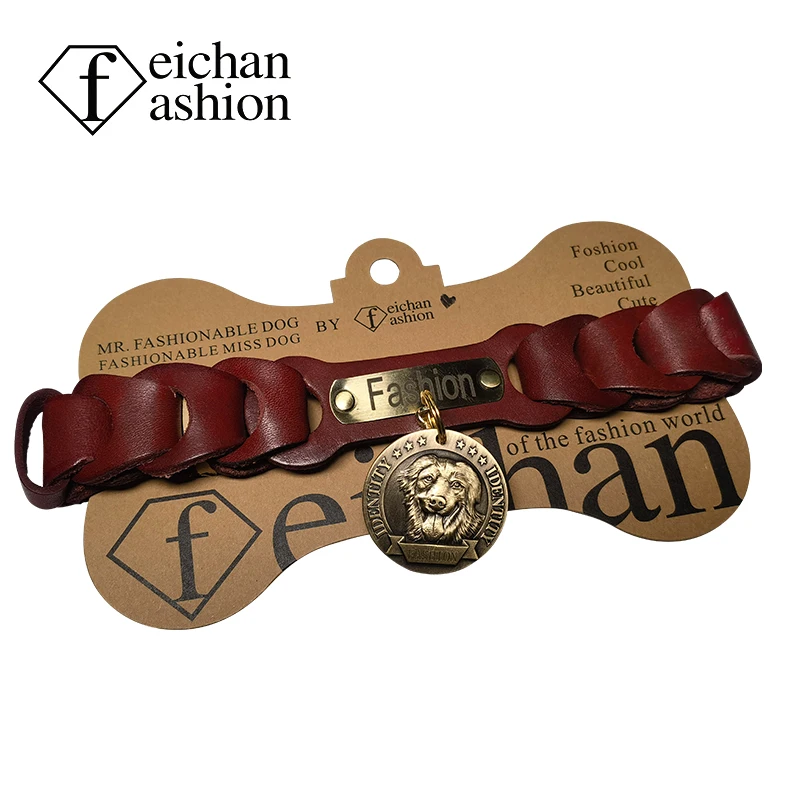 

feichan ashion Codskin dog collar lead rope leather woven dog tag custom letter-engraved Golden Fur Demu medium large dog collar