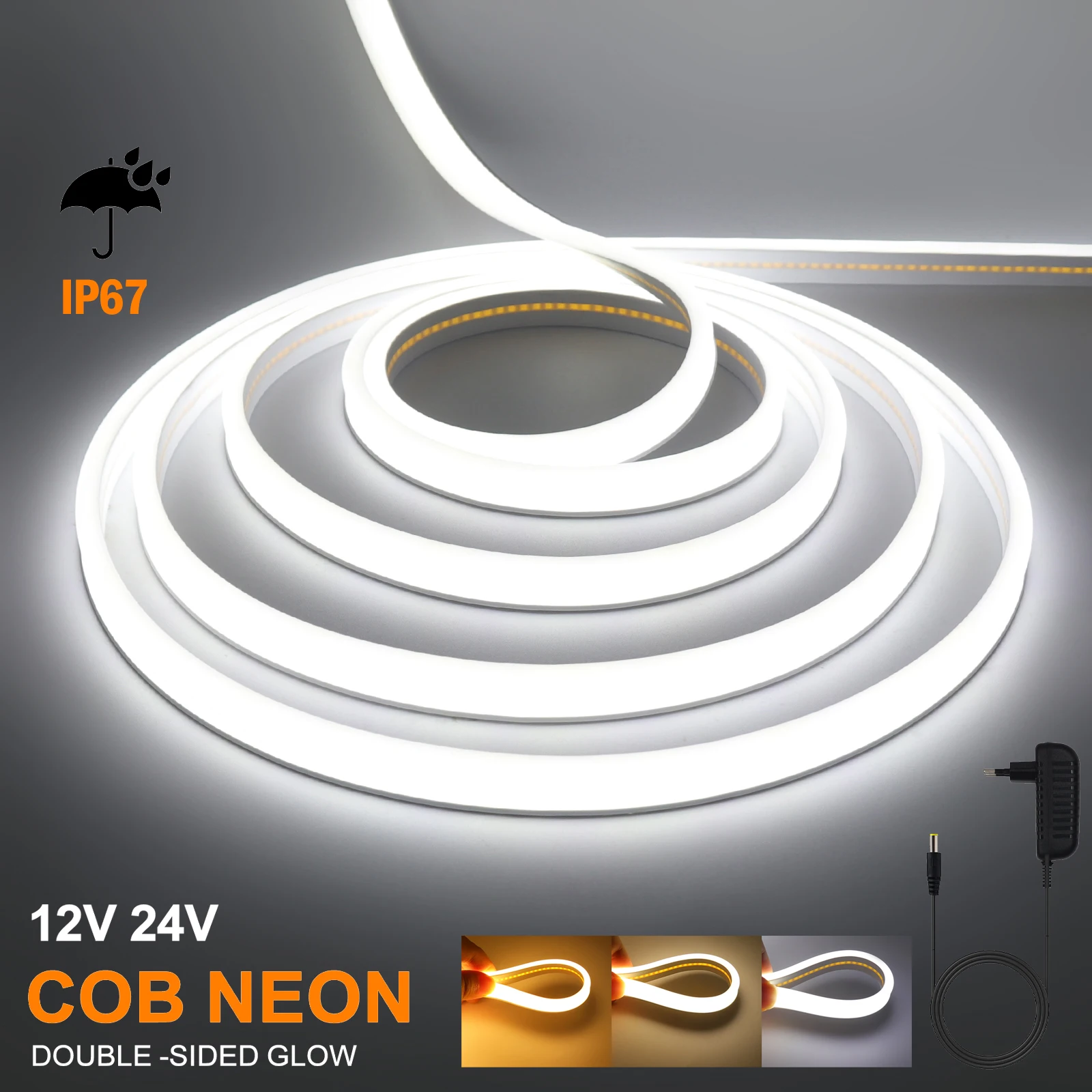 

12V 24V COB LED Strip Light Double Side Glow Waterproof Flexible LED Neon Tape 320LEDs High Density Linear Lighting EU US Plug