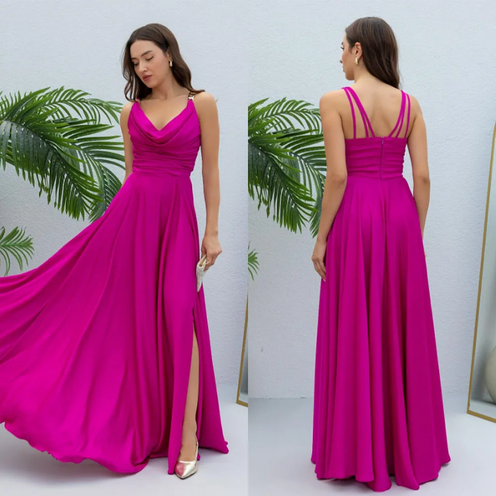

High Quality Customized V-neck Floor Length High Fork Sleeveless Backless Zipper Robes De Soirée Evening Dresses Party Dress