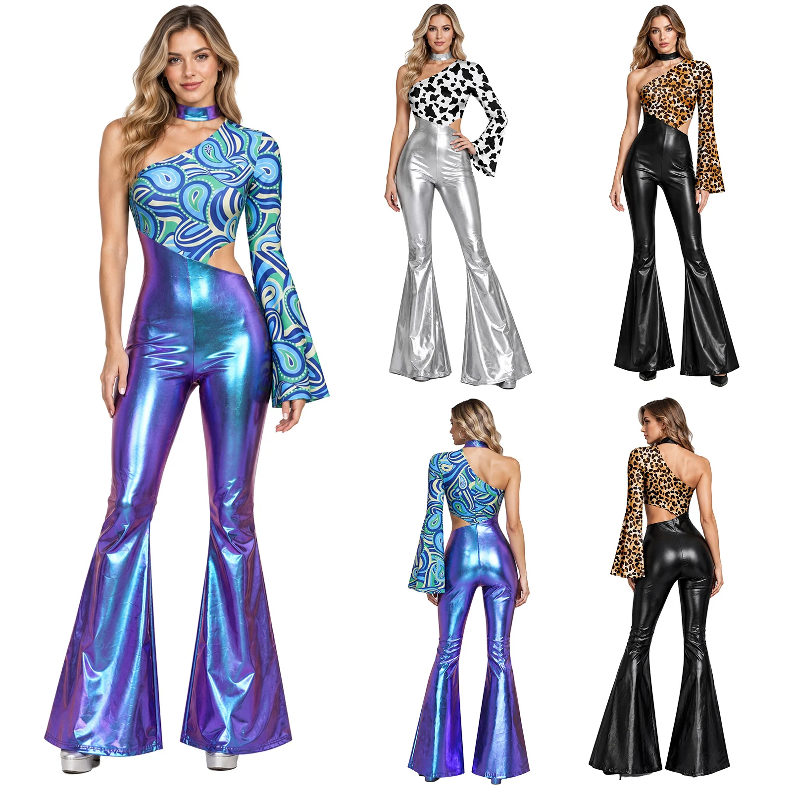 Damen One-Shoulder-Unitard mit Leopardenmuster, Tanz-Jumpsuit mit seitlichem Cutout, ausgestellte Hosenbeine, Retro 70er Disco Jazz Dance Outfit – Detail 3