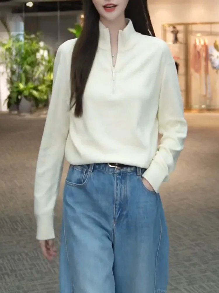 

Корейская белая толстовка на молнии большого размера, универсальная, стройнящая, омолаживающая, для осеннего сезона, для студентов колледжей и женщин