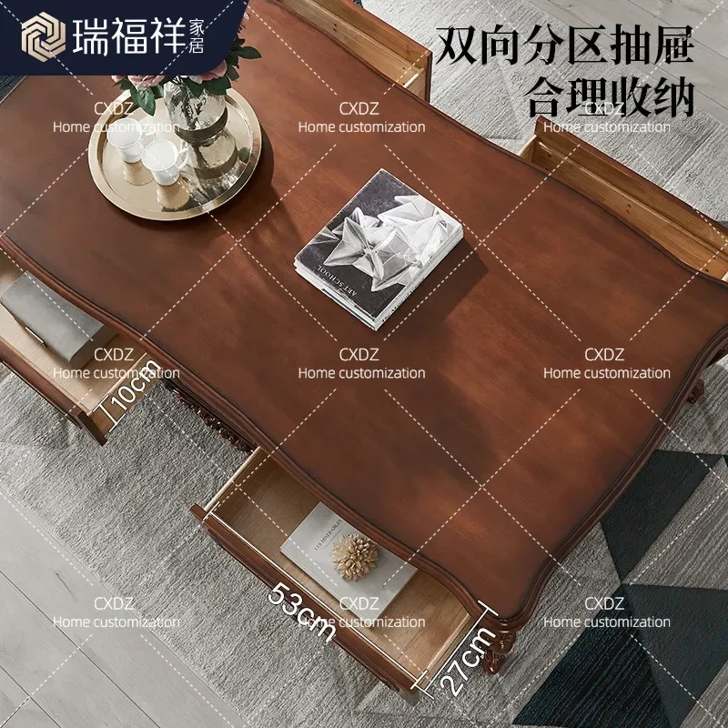 All Solid Wood Living Room Coffee Table American Rectangular Four Drawer Tea Table European Style 1.6m Villa P431