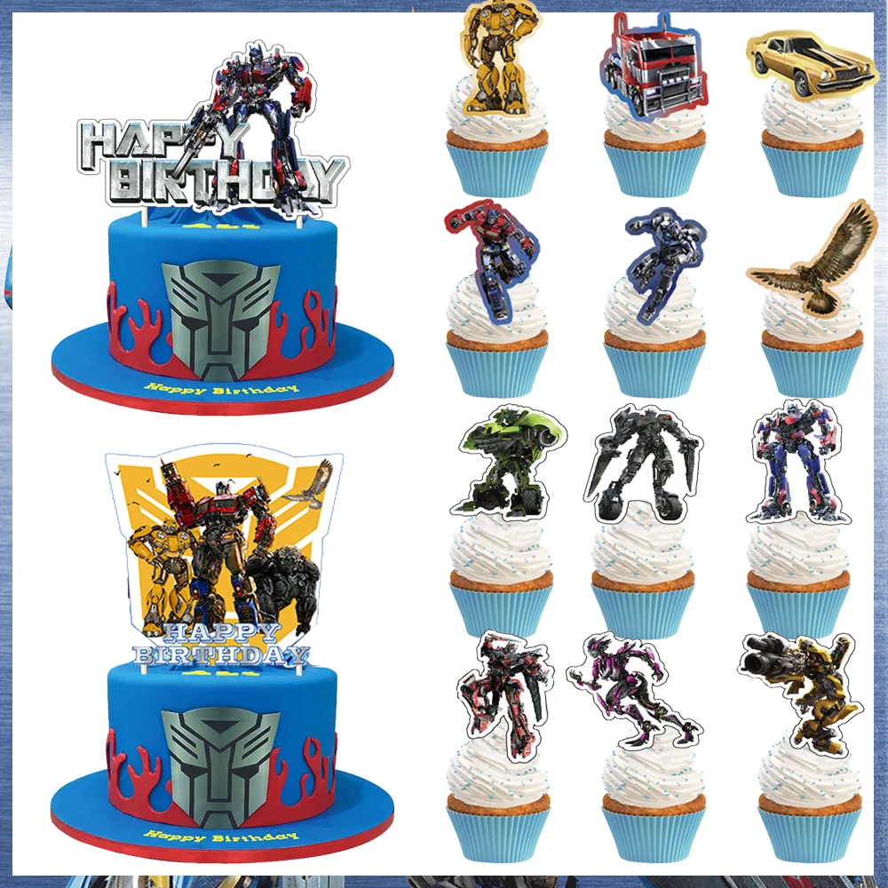 

25pcs/lot Transformation Birthday Decor Cupcake Toppers With Sticks Baby Shower Boys Favors Cake Topper Gift Robot Party Supplie