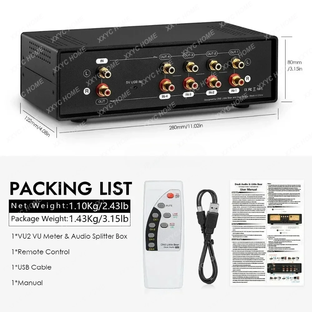 Analog Dual VU Meter MIC+LINE Stereo Music Spectrum Display Sound Level Indicator 4-Port Audio Splitter Switcher Box