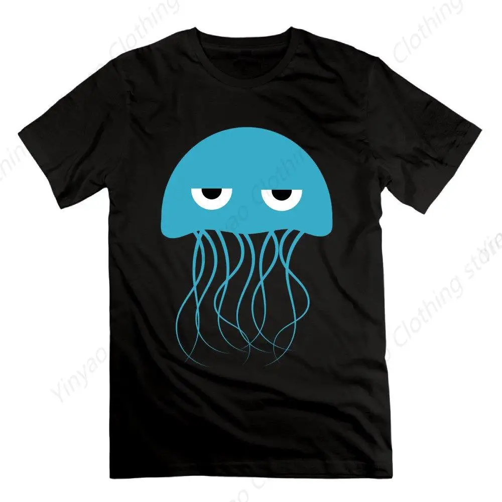 

Men'S Blue Jellyfish Print Shirt Sad Mood Short Sleeved Retro Shirt Black Pure Cotton Shirt