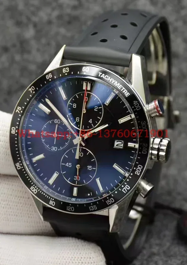 Lurury nieuwe heren quartz chronograaf horloge roestvrij staal zwart lederen band mode casual horloges 44 mm