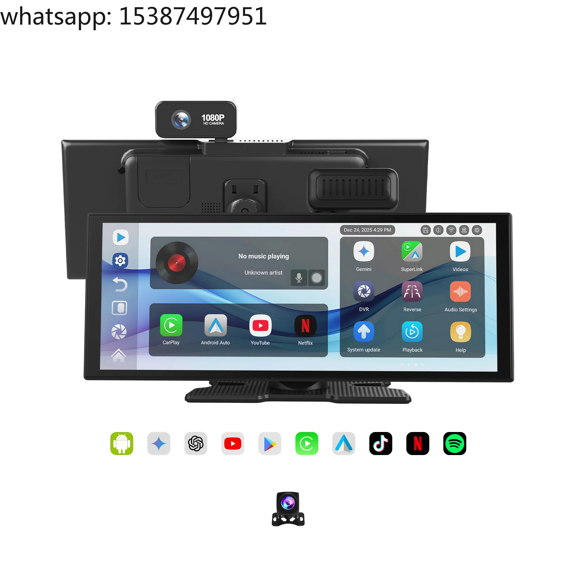 For New Dual Wi-Fi Dual BT YouTube-enabled 11.4-inch CarPlay Android 15.0 In-car 1080p AI Dual-recording Dashcam DVR