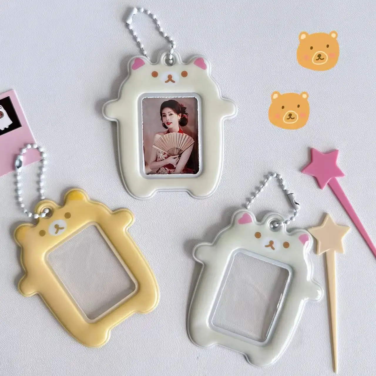 Japanese Style Kawaii Cartoon Bear Photo Card Holder Keyring Cute Bear K-Pop Idol Keychain For 2 Inch Photo School License Case