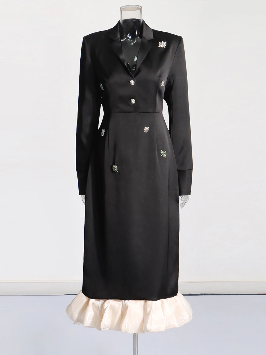 CHICEVER Black Spliced Folds Chic Dress Female Lapel Long Sleeve Loose Elegant Intellectual Women's Dresses Autumn Fashion New