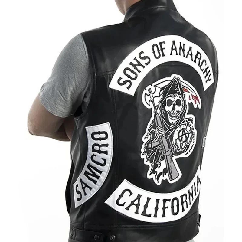 (#^.^#) 2026 New Leather Men Motorcycle Cosplay Costume Sleeveless Jacket Sons Of Anarchy Embroidery Rock Punk PU Ves →_→LOOK ME view 2